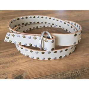 Convalore Ladies Studded Cream Colored Belt Double-O Ring Buckle Italian Leather